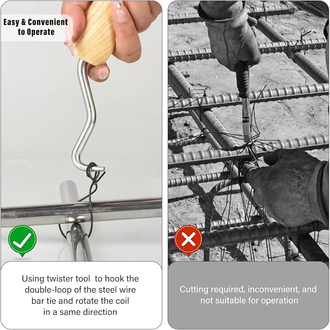 2000pcs Rebar Wire Bar Ties, 6" Double Loop, 16 Gauge - Reinforcing Steel Bar Ties with Wooden Grip Handle for Concrete Construction