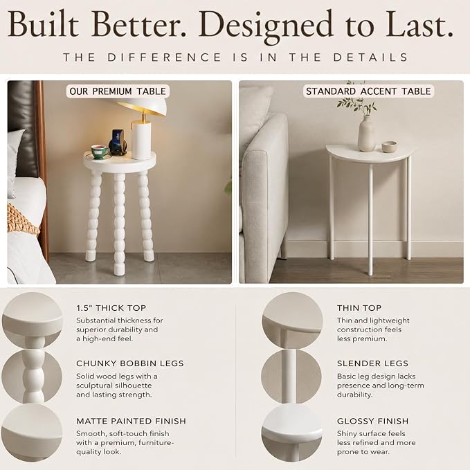 LitaEther 19.5" Wooden Bobbin Leg Side Table - Half Round Table - Wooden Accent Stool- Half Moon Tripod Table for Bedroom, Hallway, Living Room, Sofa Side (White,1pcs)