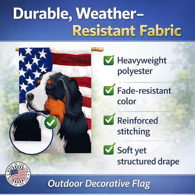Caroline's Treasures CK6433CHF Bernese Mountain Dog American Flag House Flag Large Porch Sleeve Pole Decorative Outside Yard Banner Artwork Wall Hanging, Polyester, House Size, Multicolor