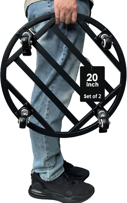 20" Round Plant Stand with Wheels Heavy Duty,Large Metal Plant Caddy Indoor Outdoor Use,Rolling Plant Dolly with Industrial Casters,Rust-Proof Black Plant Tray for Large Planters Pots,2-Pack
