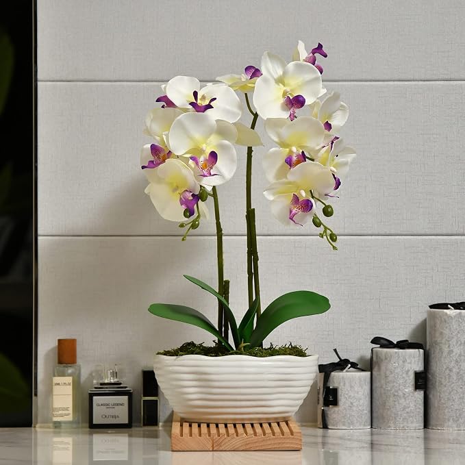 Large Artificial Potted Orchid Plant, Silk Flower Arrangement with Ceramics Vase, White