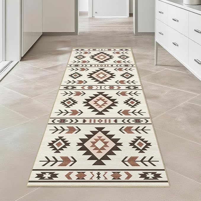 Western Runner Rug 2x6 for Hallway Kitchen Bedroom, Southwestern Aztec Tribal Runner Rugs Southwest Navajo Machine Washable Rug Non-Slip Printed Low-Pile Floor Carpet Mat for Living Room, Beige