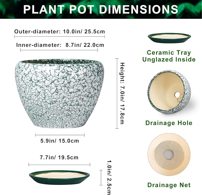 10 Inch Ceramic Planter, Crackle Green | Drainage Hole and Saucer, Indoor Outdoor, Round Modern Design, Garden Decor