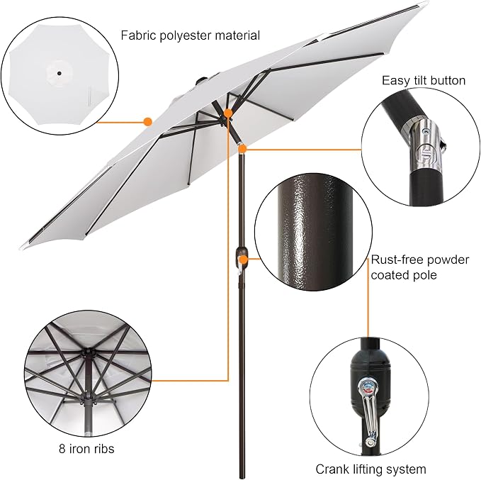 Blissun 9' Outdoor Patio Umbrella, Outdoor Table Umbrella, Yard Umbrella, Market Umbrella with 8 Sturdy Ribs, Push Button Tilt and Crank