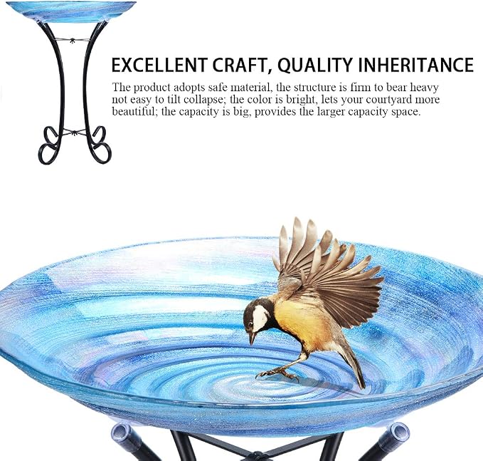 MUMTOP Outdoor Glass Birdbath with Metal Stand for Lawn Yard Garden Decor,18” Dia/21.65 Height