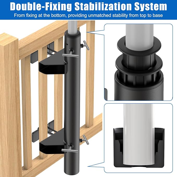 KingDolly No-Drilling Patio Umbrella Holder for Deck Railing with Space-Saving Design, Heavy Duty Deck Umbrella Mount - Fits 1"-1.9" Umbrella Poles, Adjustable Clamp on Umbrella Holder for Deck