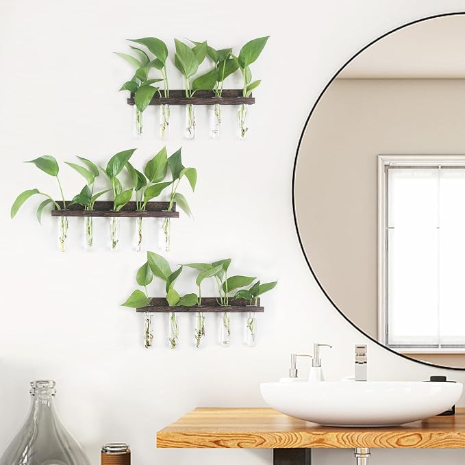 Renmxj Wall Hanging Plant Propagation Station 15 Glass Test Tubes - Brown | 3 Tiered Vase Planter for Hydroponic Home Garden Office Decor, Gardening Gifts for Women Plant Lover