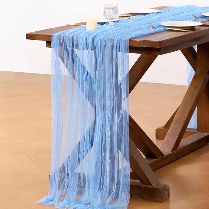Socomi Blue Cheesecloth Table Runner Tulle Gauze Cheese clothBoho Rustic 120 inch 10FT Runner for Wedding Party Baby Shower Birthday Holiday Decorations 3pcs