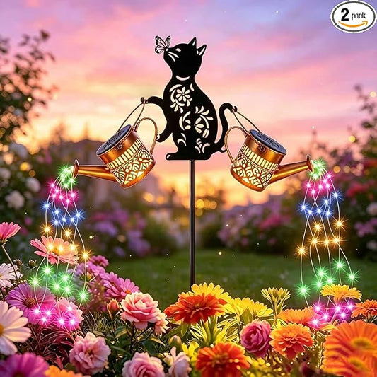 2 Pack Solar Watering Can Lights, Solar Lights Outdoor Decorative, Cat Hanging Lantern Landscape Light Waterproof, Garden Decor for Yard Lawn, Gifts for Mom Women Cat Lover (Multicolor)