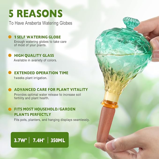 12 oz Plant Watering Globes, Green Glass Self Watering Bulbs Top Fill with Terracotta Spikes Stake, Self Watering Planter Insert Vacation Automatic Plant Waterer Device for Indoor & Outdoor 2Pack