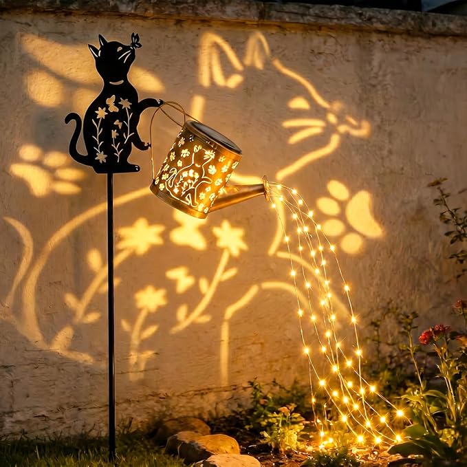 Solar-Powered Cat Watering Can Lights with Metal Cat Statue Silhouette Pillar Garden Feature Light, for Christmas, Mother's Day, Birthday Gifts, Garden, Lawn, and Courtyard Decorations