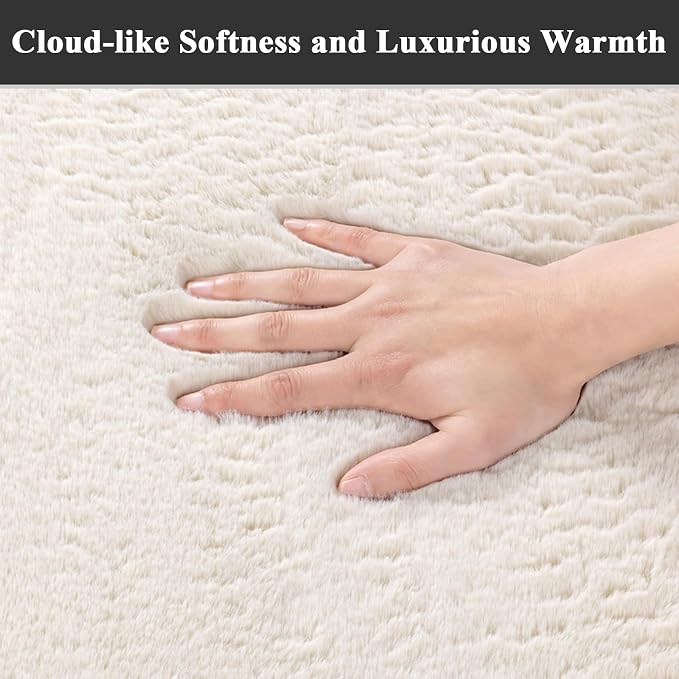 SHACOS Ultra Soft 6x9 Faux Rabbit Fur Area Rugs for Living Room, Non Slip Washable Plain Solid Color Rugs Fluffy Cozy Floor Mats Modern Carpet for Bedroom Dining Room Kids Room Dorm, Cream
