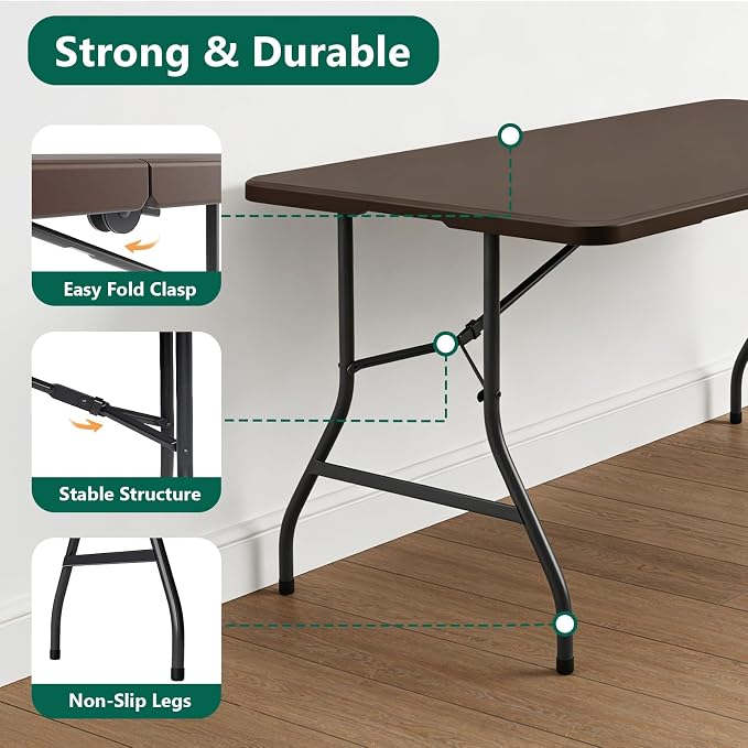 Folding Table, 5ft Portable Foldable Table Picnic Table with Carry Handle Plastic Table, Brown