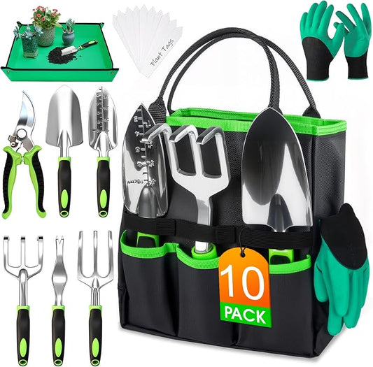 WOWBOX Garden Tools Set - 10 PCS, Heavy Duty Gardening Hand Tools Kit with Storage Tote, Rust-Resistant Gardening Supplies for Planting with Non-Slip Ergonomic Handle for Women and Men (Green)