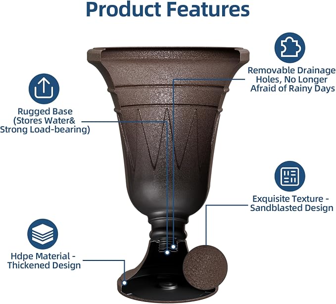Tall Urn Planters for Outdoor Plants Set of 2-23.6" H Vintage Trophy Design Outdoor Planters for Porch Decor with Drainage Hole, Indoor Large Flower Pots, Pedestal Planter/Garden Vase, Brown