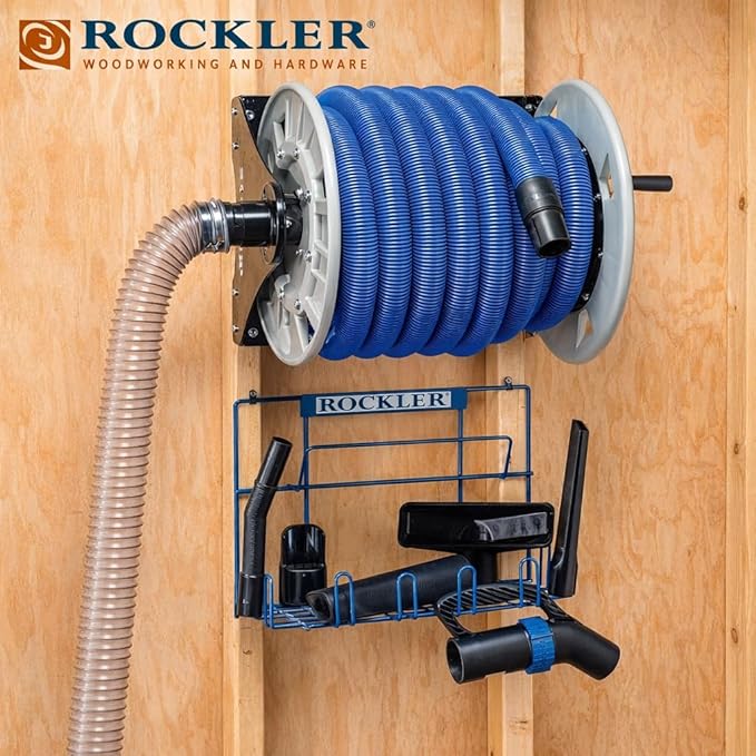 Rockler Shop Vacuum Hose Reel - Holds 40' of 1-1/2'' Vacuum Hose Extension Reel w/Steel Frame - Adjustable Tension Knob, Wall Mount Vacuum Hose Reel - Easy Installation Dust Collector Accessories