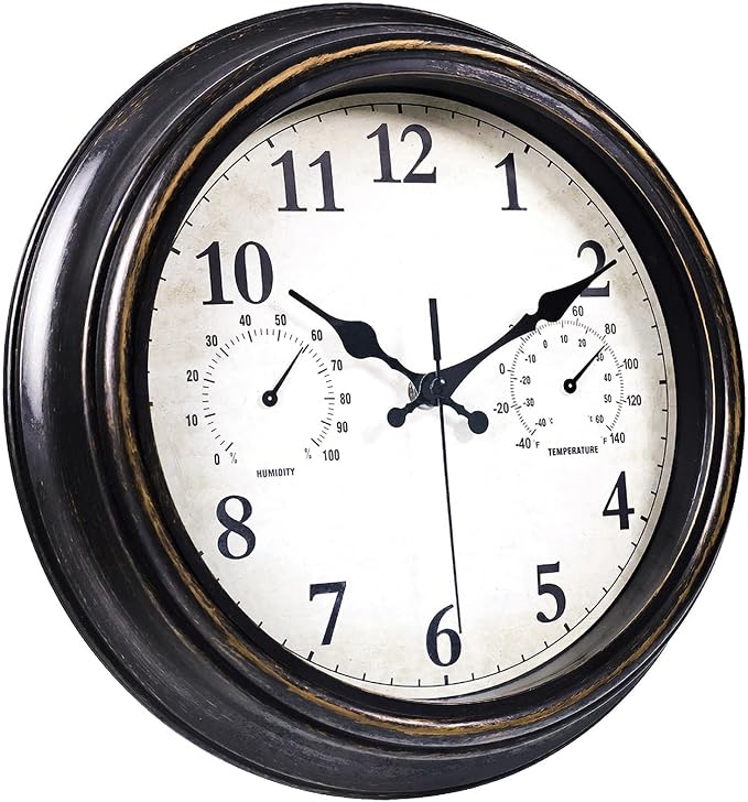 JoFomp Outdoor Clocks for Patio, Large 12 inch Outside Wall Clock Waterproof with Thermometer and Hygrometer Combo, Round Silent Battery Operated Wall Clock for Home, Pool, Garden
