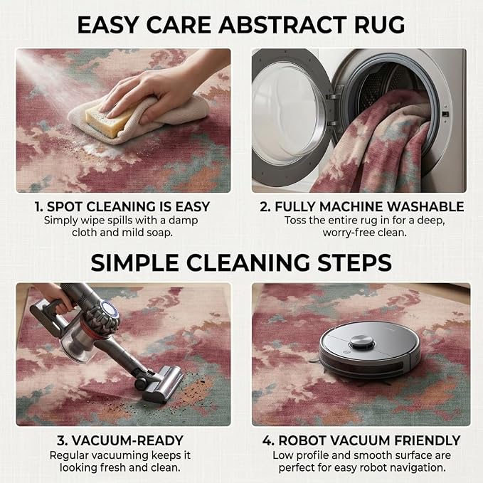 5x7 Pink, Green and Cream Modern Abstract Watercolor Area Rug | Washable non-slip low-pile faux cashmere rug for living rooms, bedrooms and home offices; soft, foldable and easy to clean.