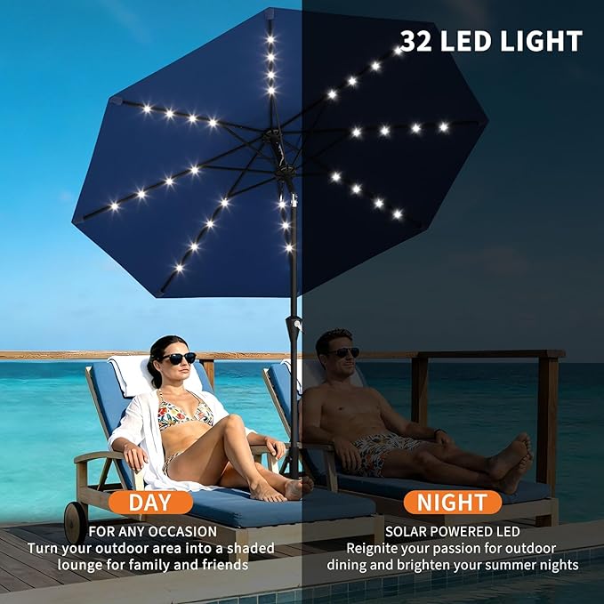 Patio Umbrella with Solar Lights, Outdoor Table Umbrella with 8 Durable Ribs, Tilt & Crank Mechanism, Water & UV Protection Sun Shade Umbrella for Garden, Poolside, Backyard (Navy Blue, 10 FT)