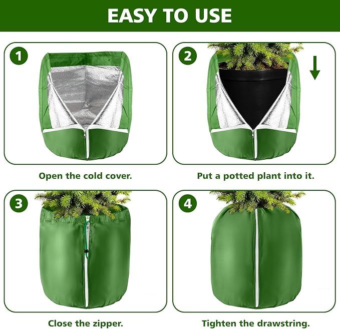 2 Pcs Large Plant Pot Covers for Winter Potted Plant Freeze Protection Cover Frost Jacket with Zipper Drawstring to Keep Outdoor Plants Flowers Shrubs Trees Warm (25.6" D x 19.7" H - Green)