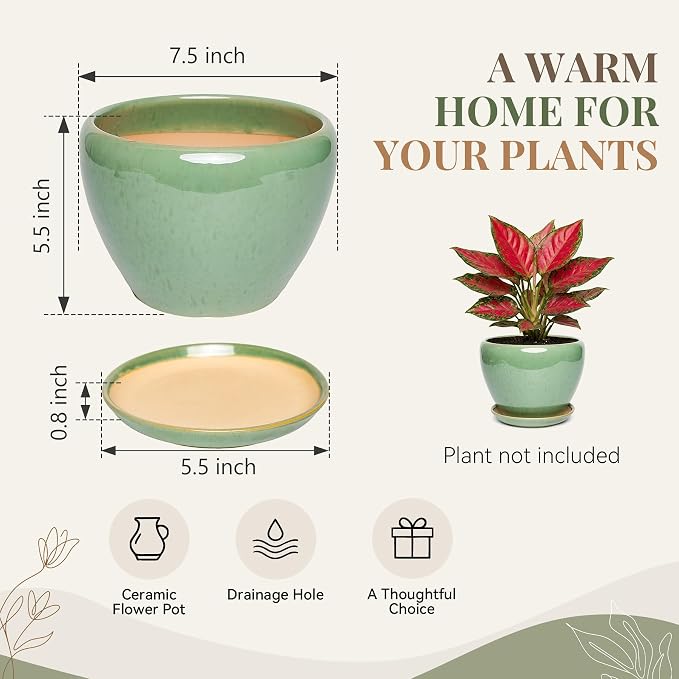 7.5 Inch Ceramic Plant Pot with Drainage Hole Mesh Net,Modern Gardening Pots for Indoor Plants with Saucer, Crackle Green
