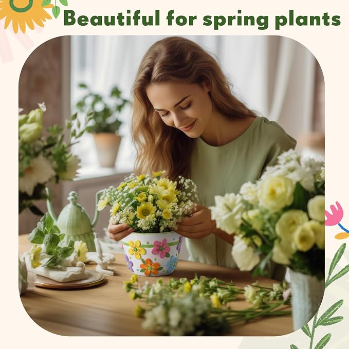Zubebe 12 Pcs Paint Your Own Ceramic Pots Bulk Unfinished Succulent Pots Craft Kit with Drainage Hole Mini Paintable Plant Vase Ready to Paint Planter for Cactus DIY Craft (Spring Flowers)