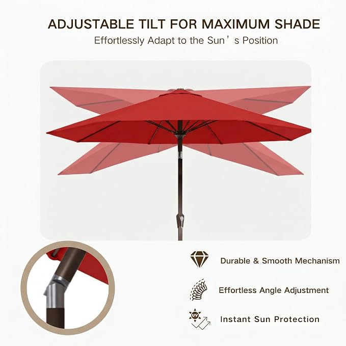 Kingdura 10FT Outdoor Patio Umbrella, Round Market Table Umbrella with Push‑Button Tilt and Crank Lift, 8 Sturdy Metal Ribs, UV50+ Protection Canopy for Backyard, Lawn, Deck, Poolside, Garden (Red)