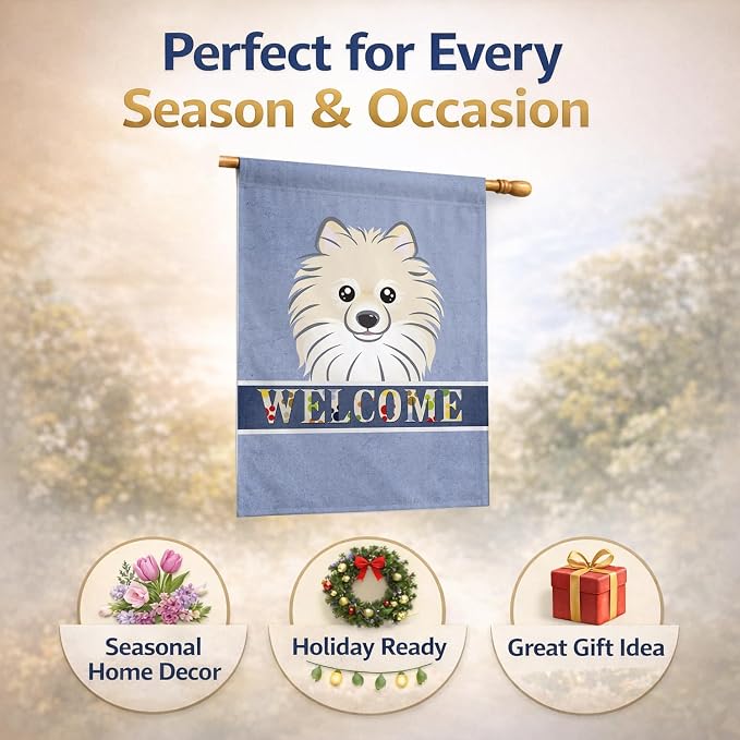 Caroline's Treasures BB1393CHF Pomeranian Welcome House Flag, Blue Large Porch Sleeve Pole Decorative Outside Yard Banner Artwork Wall Hanging, Polyester, House Size, Multicolor