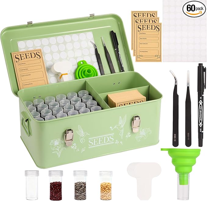 60 Slots Seed Organizer Storage Box with 3 Compartments,Large Metal Garden Seed Organizer with Lid&Safety Locks,Seed Saver Bin 50 Plant Labels 60 Seed Envelopes,Professional All-In-One Seed Saving Kit