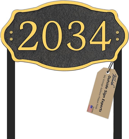 Personalized Address Sign Lawn Mounted - Custom House Number Signs with Metal Stakes for Outside Lawn, House, Yard, Ground, Drive Way, Garden, Free Standing in(Golden)
