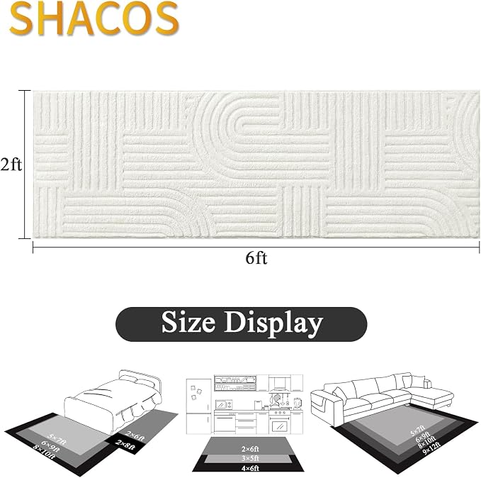 SHACOS Soft Cozy Fluffy Arch Pattern High Low Pile Runner Rugs 2'x6' Non Slip Washable Scandinavian Minimalist Rug Modern Geometric Arc Carpet for Living Room Bedroom Bathroom, Cream White