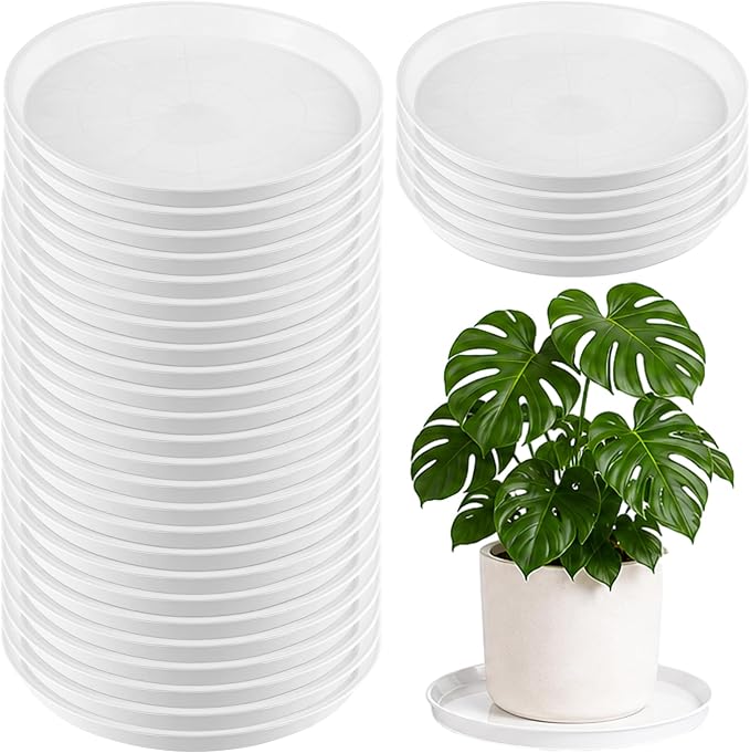 30 Packs 14 Inch Plastic Plant Saucers for Indoor Outdoor, Plant Water Catcher Tray for Pots, Bulk Flower Pot Saucers, Drip Trays for Potted Plants, Round Plates to Catch Water, White