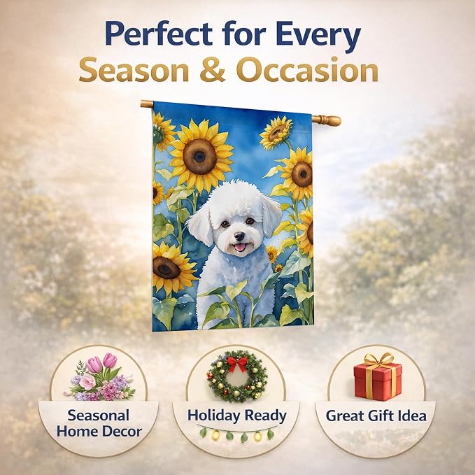Caroline's Treasures DAC6027CHF Bichon Frise in Sunflowers House Flag Large Porch Sleeve Pole Decorative Outside Yard Banner Artwork Wall Hanging, Polyester, House Size, Multicolor