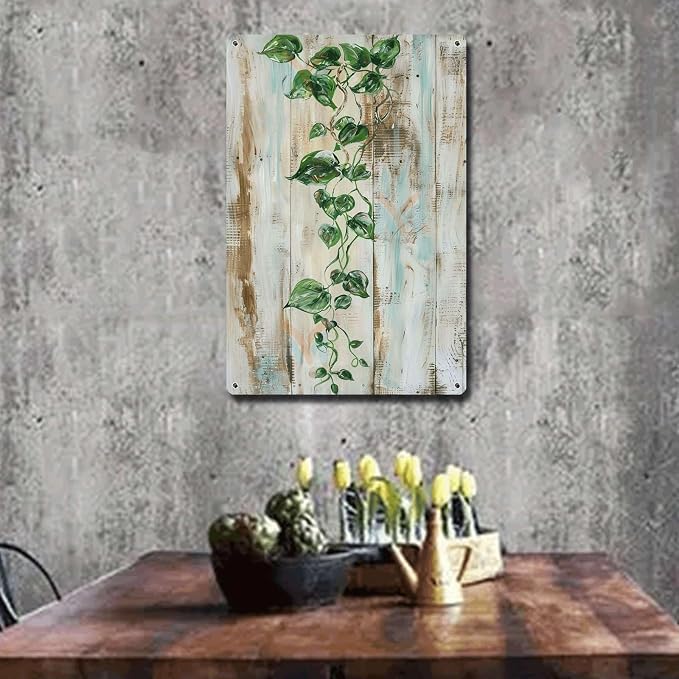 Metal Sign Tin Sign Vintage Wall Art Vintage Pothos Vine Tin Sign for Shabby Chic Style Rustic Elegance and Trailing Green Stems Restroom Tin Sign for Pub 12×16 Inches