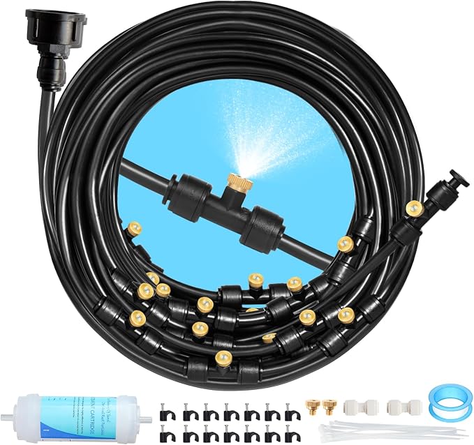 65FT Mister for Outside Patio Misting Cooling System, 65FT (20M) Misting Line+20 Brass Mist Nozzles+Water Filter, Outdoor Mister System for Garden Greenhouse Trampoline Waterparke