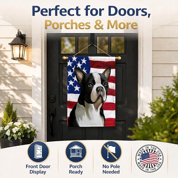 Caroline's Treasures CK6451CHF Boston Terrier Dog American Flag House Flag Large Porch Sleeve Pole Decorative Outside Yard Banner Artwork Wall Hanging, Polyester, House Size, Multicolor