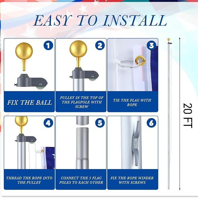 FuWeave Flag Poles for Outside House in Ground 20 ft Sectional Flag Pole Kit Extra Thick 16 Gauge Heavy Duty Aluminum Flag Pole with Gold Ball Top for Residential or Commercial(Silver)