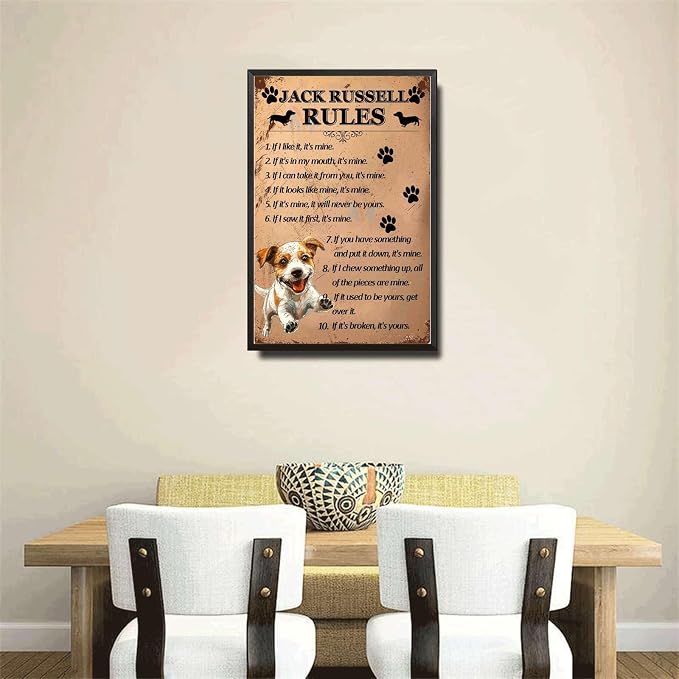 Metal Sign Tin Sign Vintage Wall Art Jack Russell Rules Toilet Decor Tin Sign for Club 12×16 Inches with Metal Frame