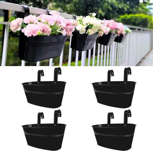 LaLaGreen Outdoor Rail Planter (11.8 Inch, 4 Pack) Black Metal Iron Hanging Flower Pots Deck Railings Fence Buckets Modern Countryside Boho Style Wall Mount Window Box Plant Holder Hooks Porch Decor