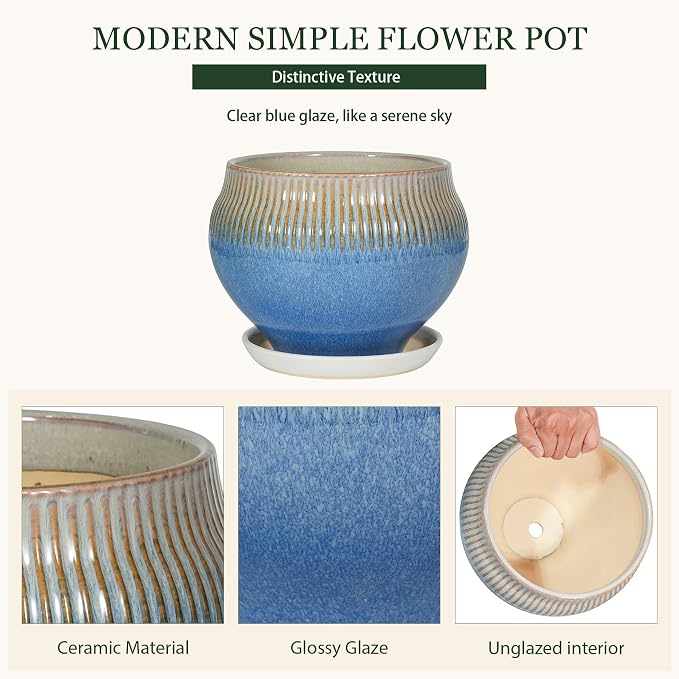 10.6 Inch Modern Ceramic Plant Pot with Drainage Hole and Mesh Net, Indoor Outdoor Planter with Saucer & Gardening Glove, Pots for Succulents, Flowers, Large Plants, Blue