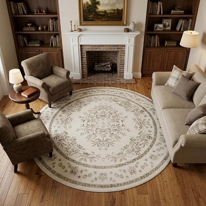 GarveeHome 5ft Floral Round Rug for Nursery Vintage Floral Throw Rugs | Leaf Flower Botanical Bedroom Carpet for Living Room Low Pile Non-Slip Machine Washable Beige Area Rug for Laundry Dining
