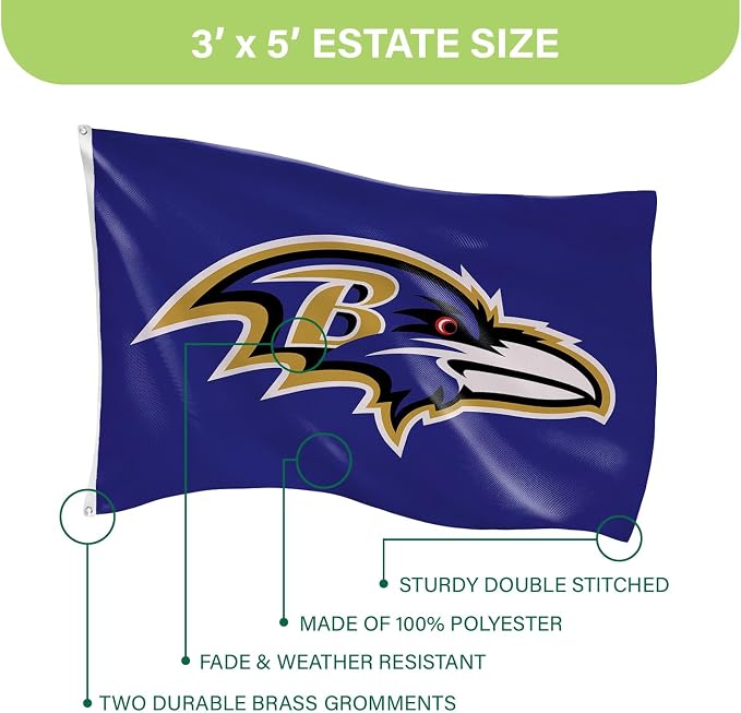 NFL Baltimore Ravens Flag 3 x 5 Outdoor Durable House Flag with Grommets | Sport Team Flag & Banner | Indoor Wall Decor for Room | Works with Flag Poles for Outside House