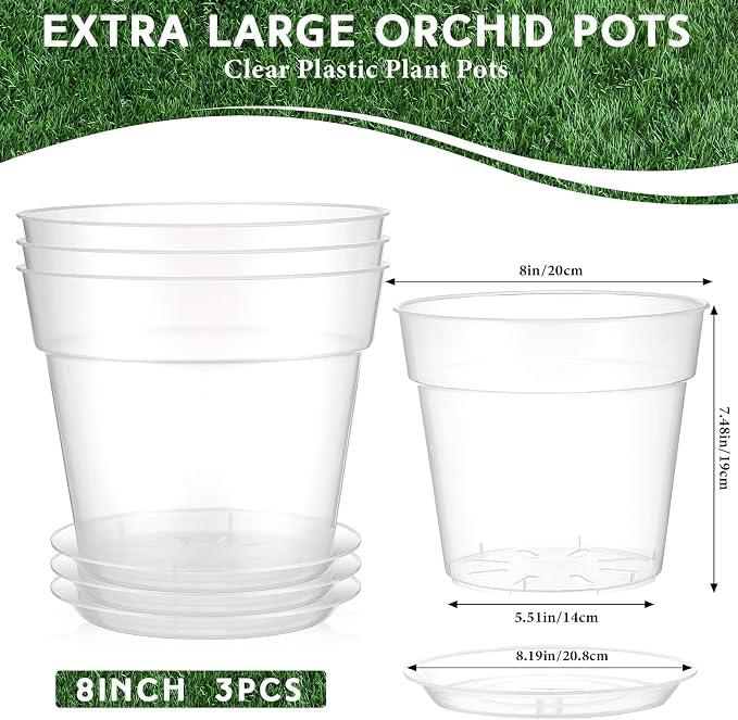 Baderke 3 Pack Clear Nursery Pot Plastic Nursery Pot Large Plant with Drainage Holes for Root Health Indoor Outdoor (8 Inches)