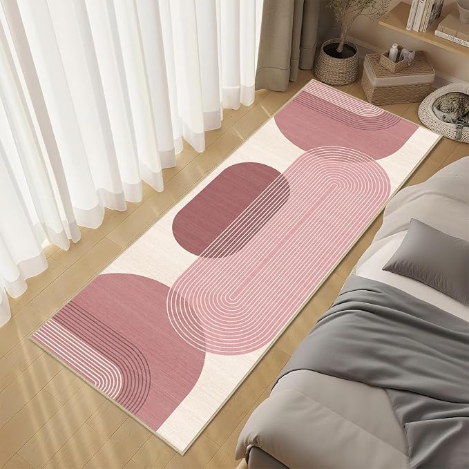 Boho Runner Rug 2x6 for Hallway Kitchen Bedroom,Bohemian Runner Rugs Washable Modern Geometric Rug Non-Slip Printed Low Pile Long Floor Carpet Mat for Bedroom Laundry,Pink