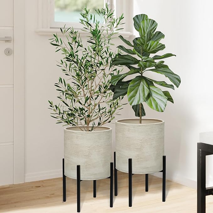 ARNIS Modern Plant Pots, Set of 2 Large Planters with Stand, Decorative Planters, Metal Pots with Drainage Holes for Living Room, Office, Garden or Balcony, 8.25 &10.5 Inch, Dirt