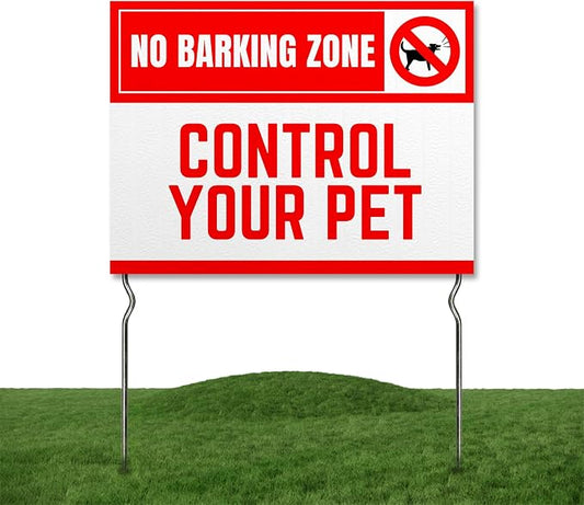 No Barking Zone – Control Your Pet! Yard Sign by DC | 24"x18" Double Sided Pets Garden Sign with 13” Metal Stakes | Outdoor Signs Waterproof for Lawn, Patio, Sidewalk & House | Set of 4 | Made in USA
