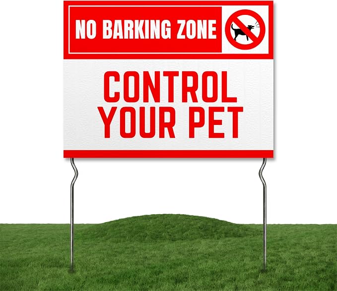 No Barking Zone – Control Your Pet! Yard Sign by DC | 24"x18" Double Sided Pets Garden Sign with 13” Metal Stakes | Outdoor Signs Waterproof for Lawn, Patio, Sidewalk & House | Set of 3 | Made in USA