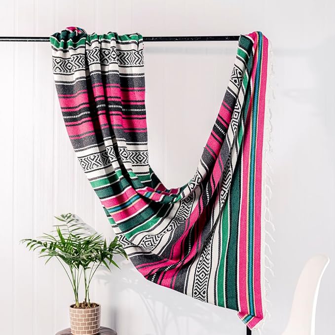 Mexican Blanket Throw with Tassels, 69 x 51 Inches Large Woven Serape Blanket, Boho Striped Picnic Yoga Beach Blanket, Soft Durable Tribal Falsa Blanket for Couch Outdoor Travel - Rose-Blue