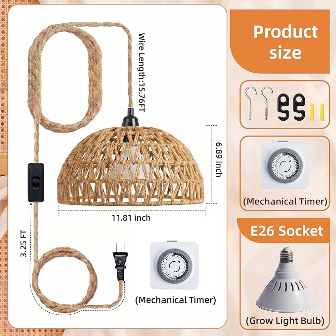 Boho Decorative Hanging Grow Light, Pendant Plant Light for Indoor Plants, Ceiling Grow Lamp with 24H Timer for Plant Corner Bedroom Living Room