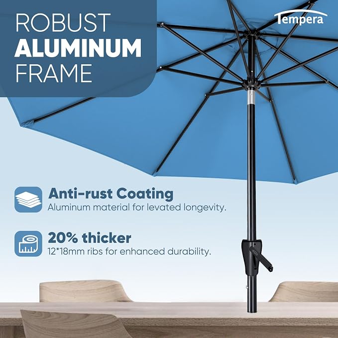 Tempera Patio Market Outdoor Table Umbrella with Auto Tilt and Crank, Large Sun Umbrella with Sturdy Pole & Fade Resistant Canopy, Easy to Set